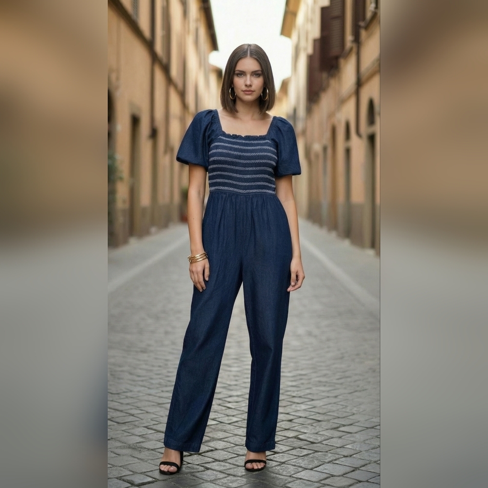 Women's Smocked Bodice Dark Blue Jumpsuit Denim Cottage Preppy